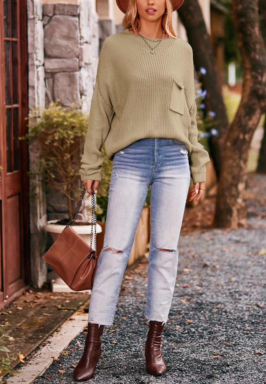 Soft Ribbed Knit Pocket Sweater Top
