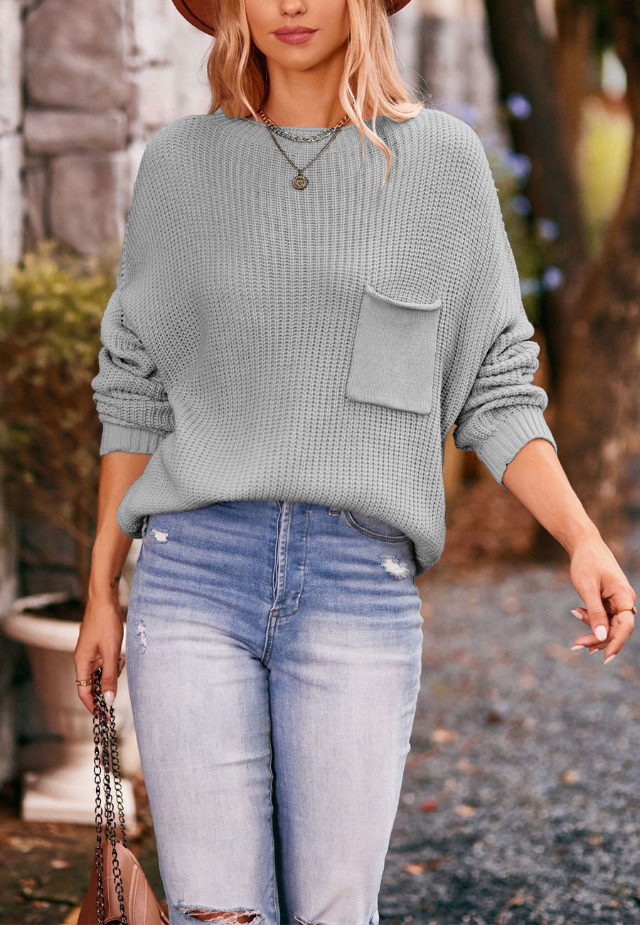 Soft Ribbed Knit Pocket Sweater Top