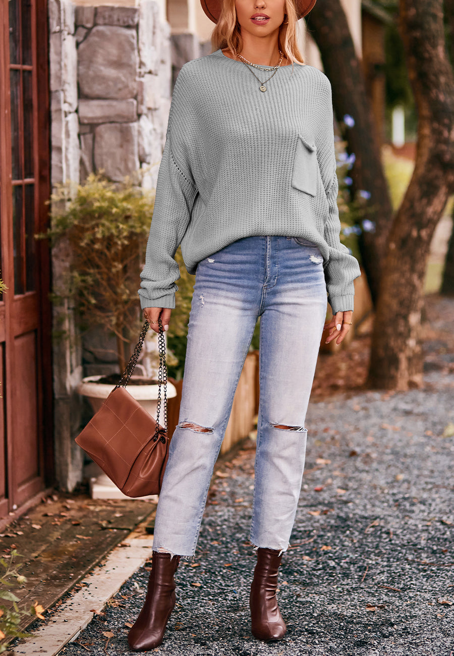 Soft Ribbed Knit Pocket Sweater Top