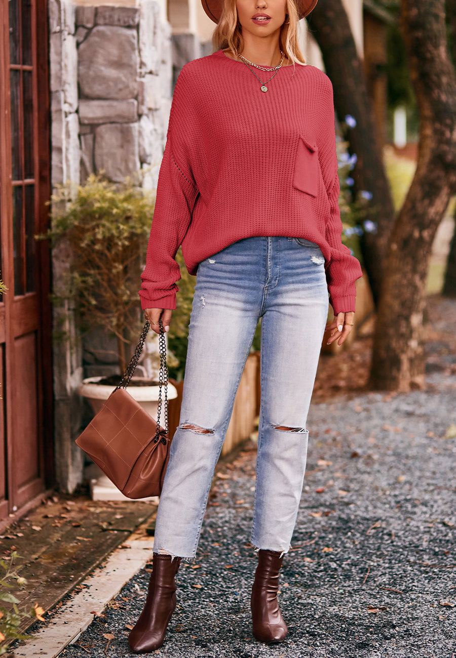 Soft Ribbed Knit Pocket Sweater Top