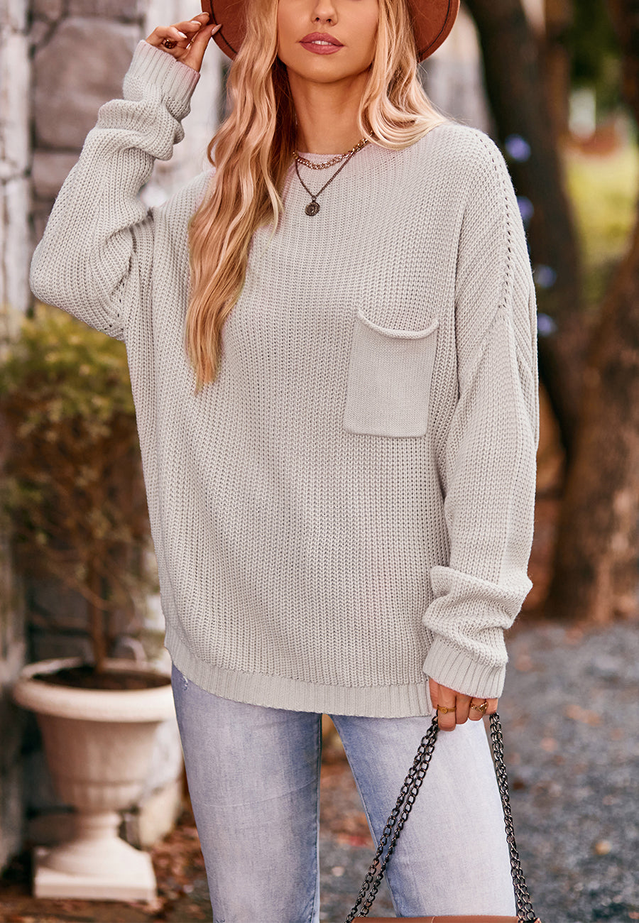Soft Ribbed Knit Pocket Sweater Top