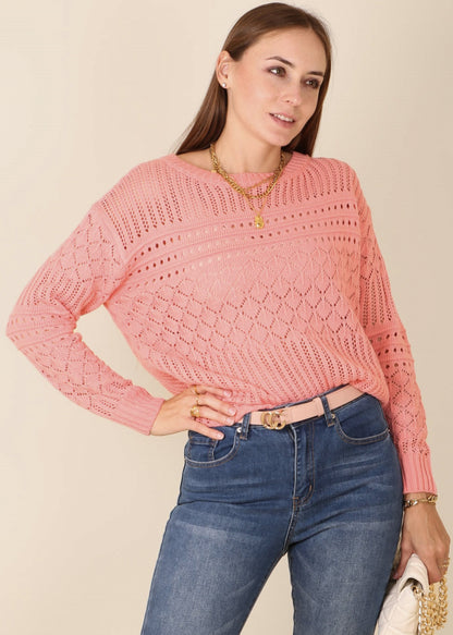 Textured Crochet Knit Classic Sweater