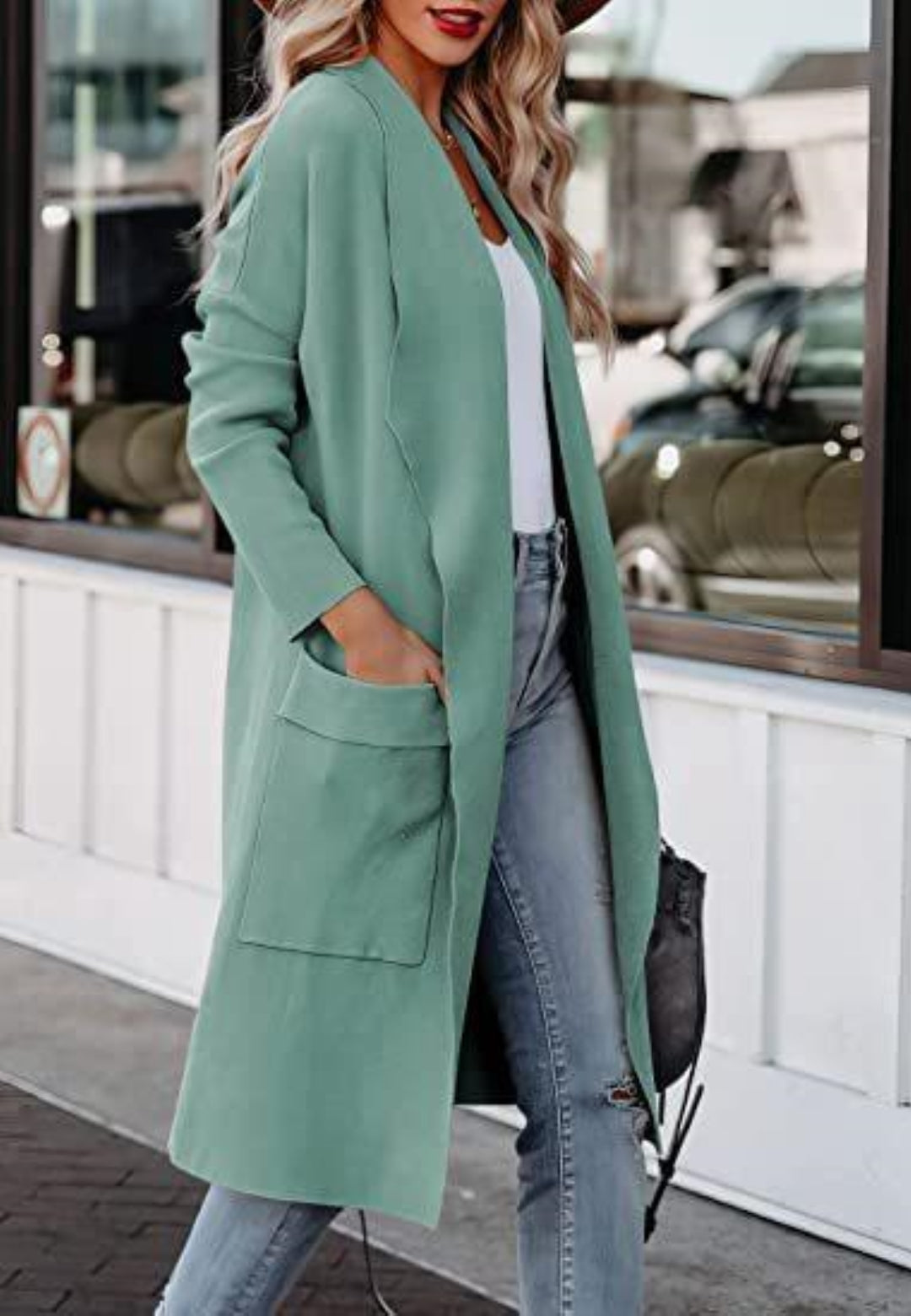 Solid Color Front Dual Pockets Front Open Below Knee Length