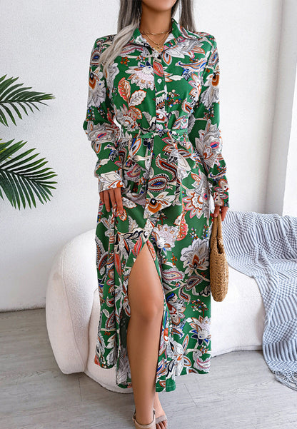 Botanical Print Belted Waist Dress
