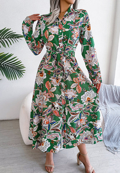 Botanical Print Belted Waist Dress