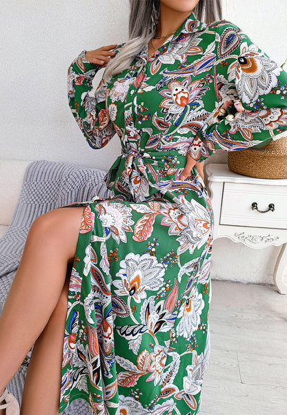 Botanical Print Belted Waist Dress