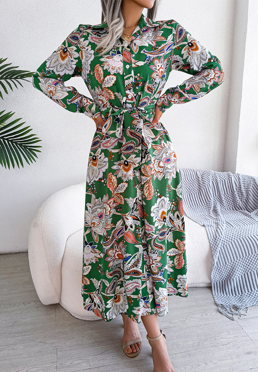 Vestido con cinturón y estampado botánico