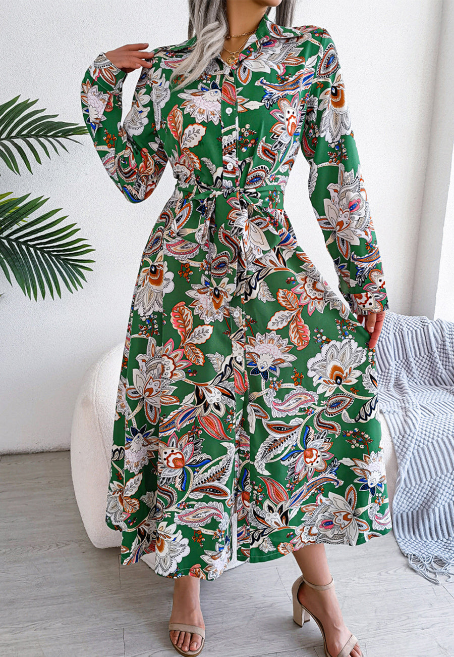 Vestido con cinturón y estampado botánico