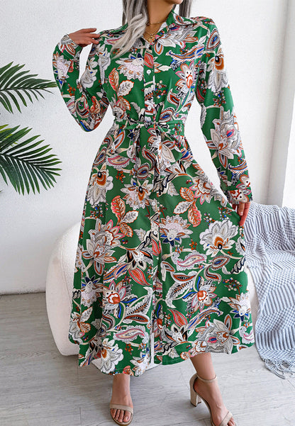 Botanical Print Belted Waist Dress