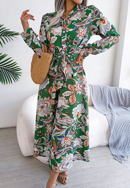 Botanical Print Belted Waist Dress