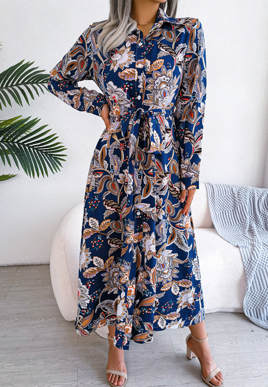 Botanical Print Belted Waist Dress