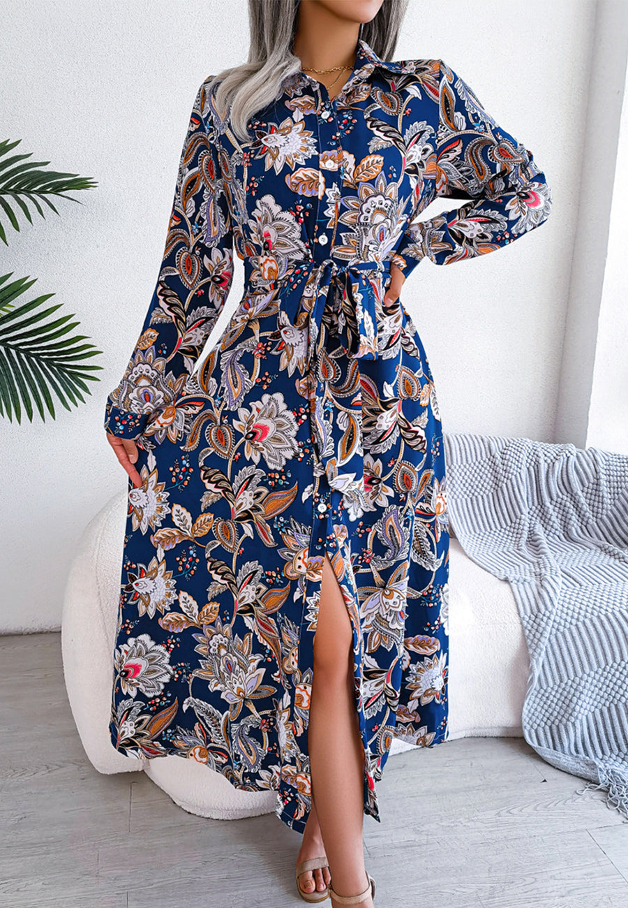 Botanical Print Belted Waist Dress