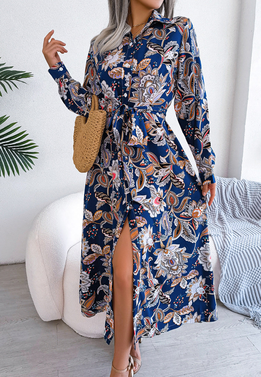 Botanical Print Belted Waist Dress