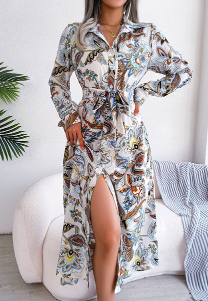 Botanical Print Belted Waist Dress