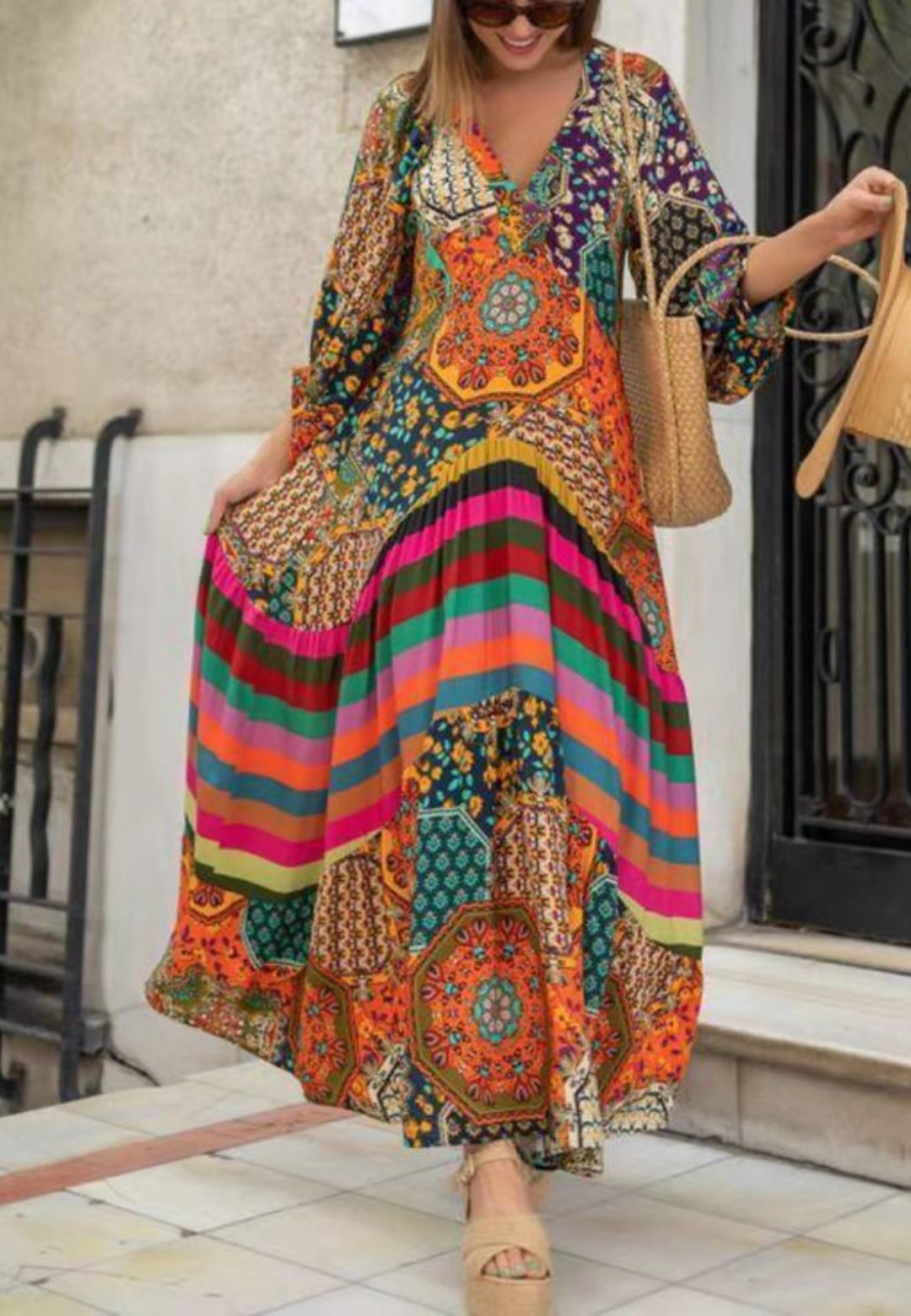 Vestido largo bohemio con estampado multicolor