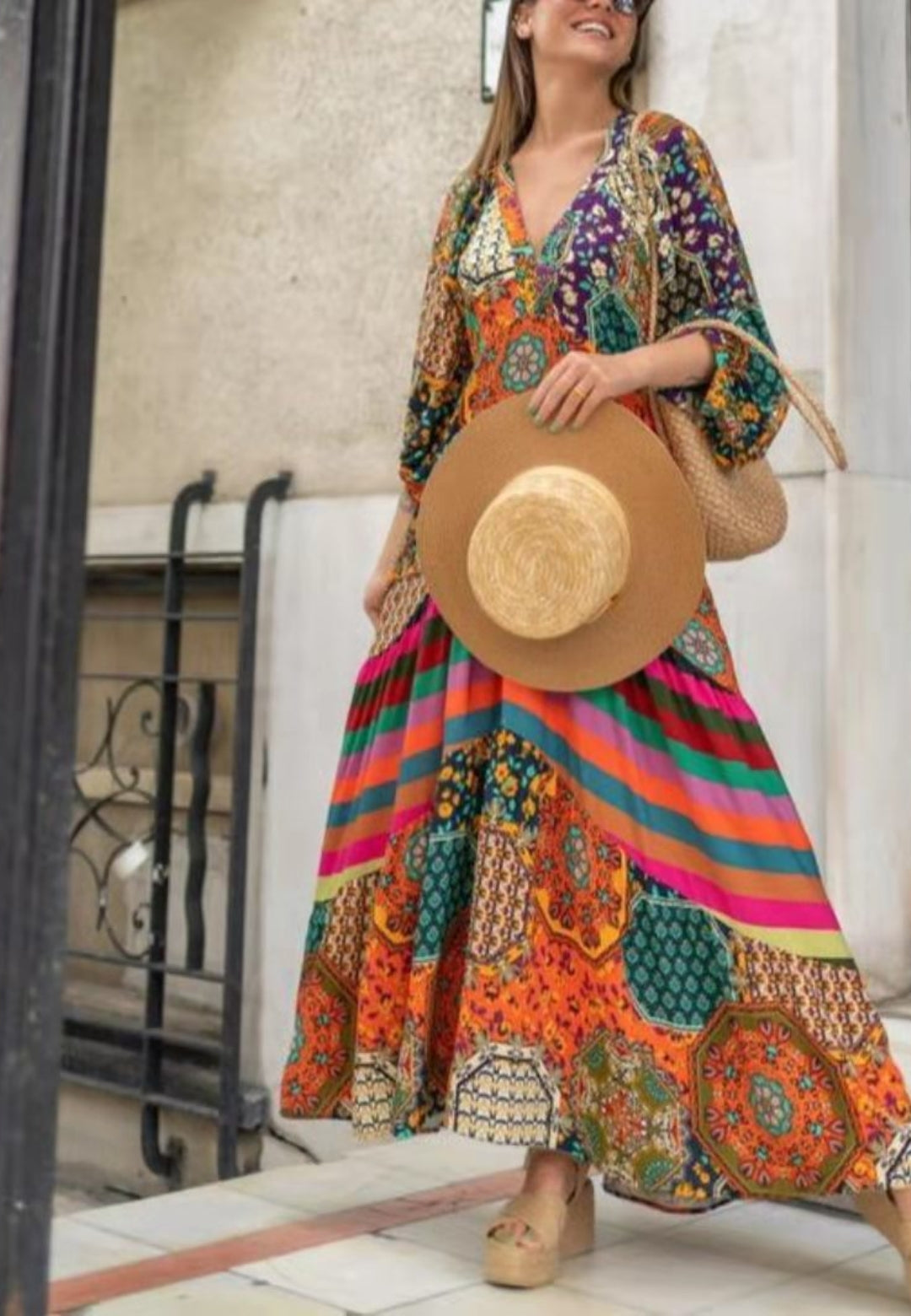 Vestido largo bohemio con estampado multicolor