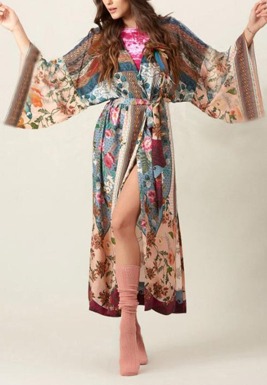 Multi-Print Tie Waist Cover-Up Robe