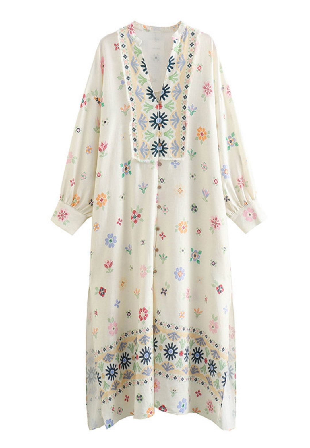 Vestido estampado multicolor con escote en V dividido