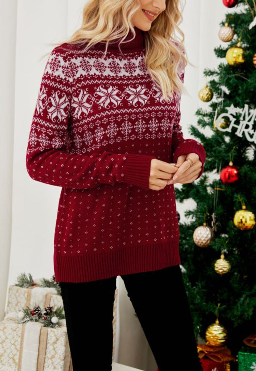 Multi Snowflake Pattern Turtleneck Sweater