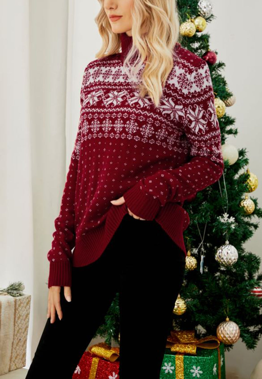 Multi Snowflake Pattern Turtleneck Sweater