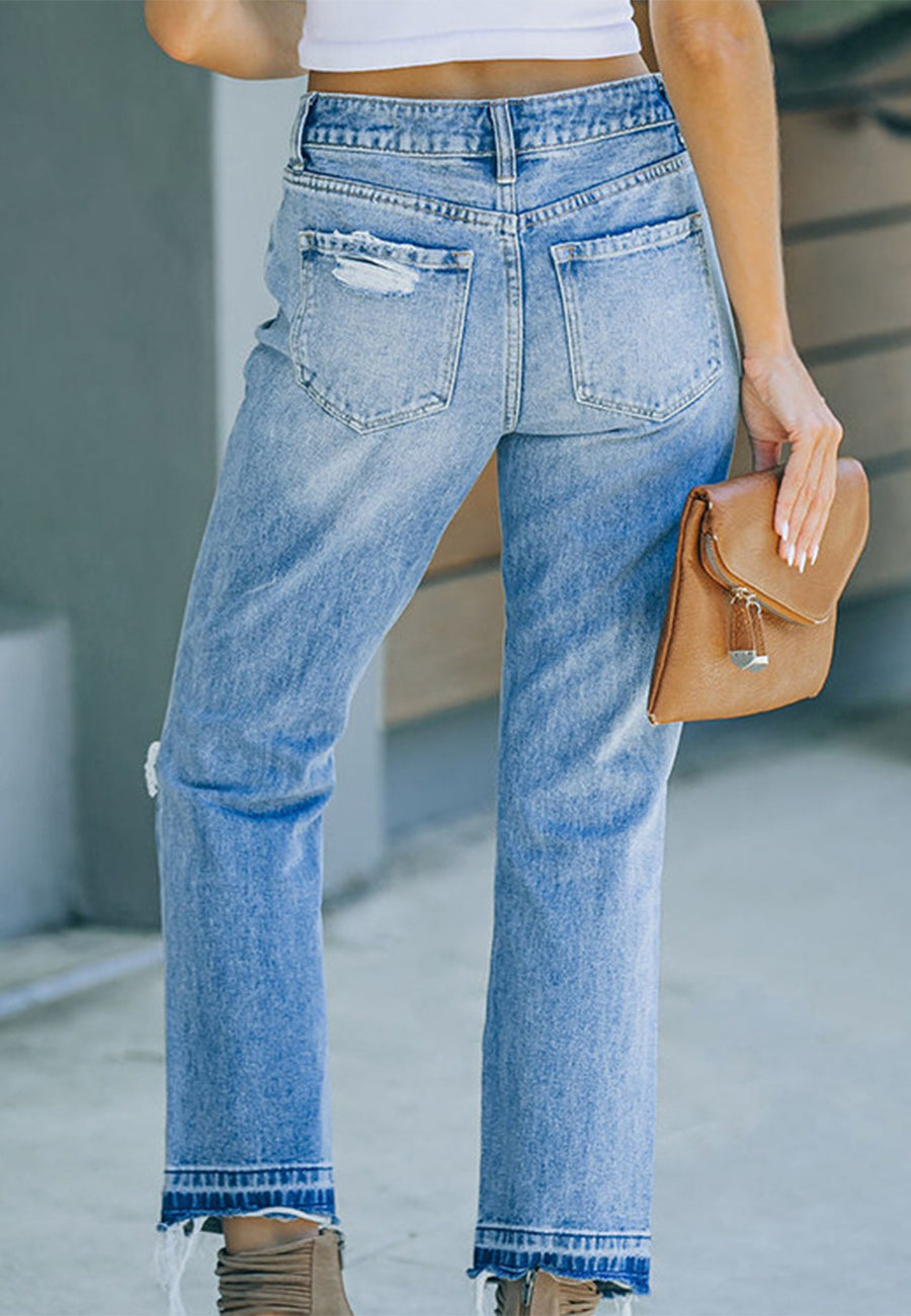 High Waist Straight Distressed Jeans