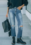 Ripped Knee Straight Cut Jeans