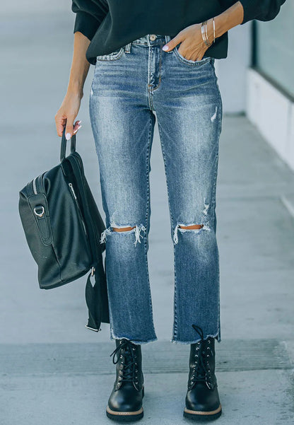 Ripped Knee Straight Cut Jeans