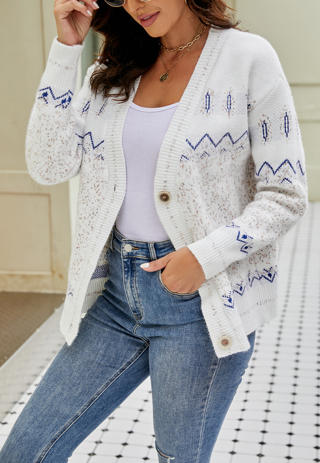 Aztec Pattern Drop Shoulder Cardigan