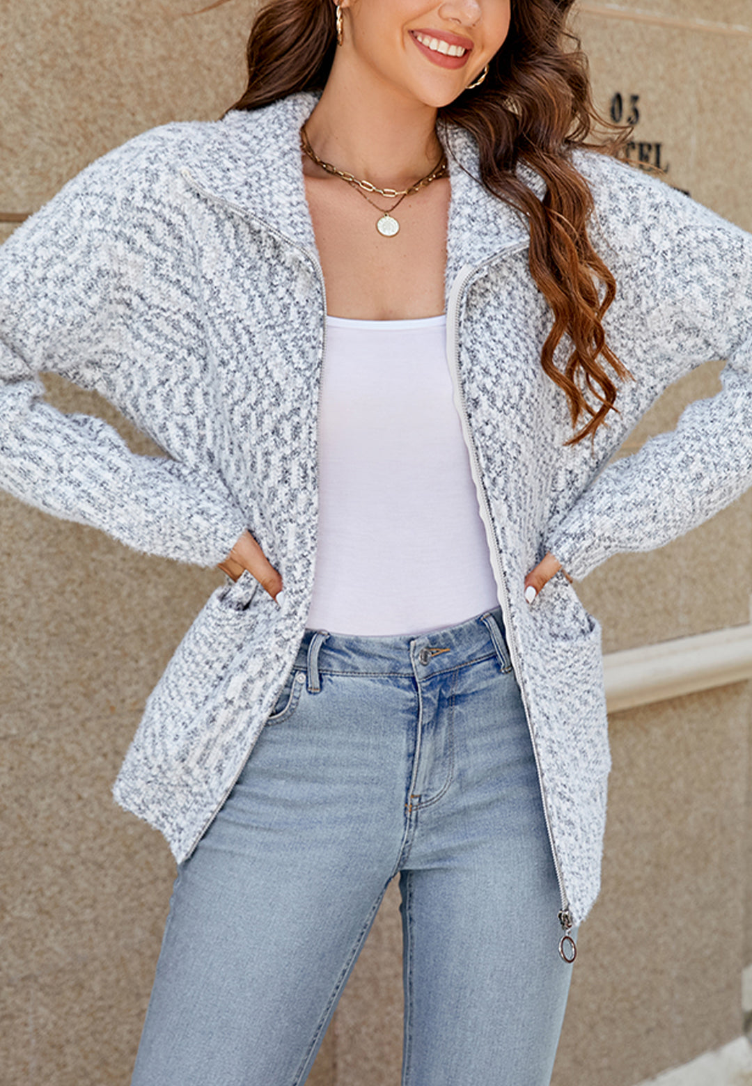 Chaqueta clásica de punto texturizado con cremallera