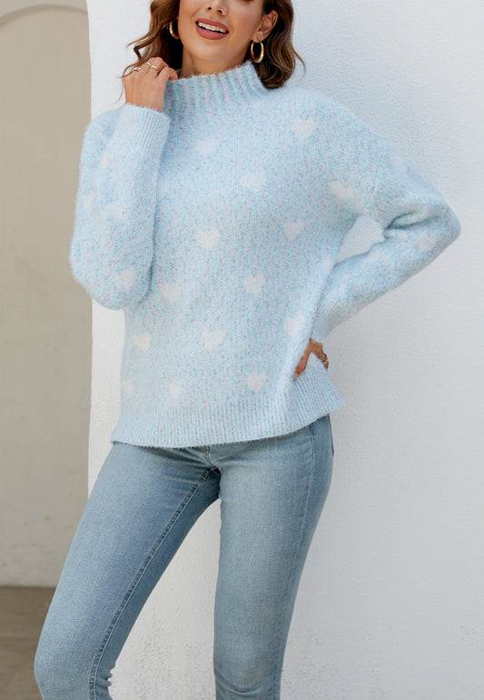 Heart Pattern Mock Neck Sweater