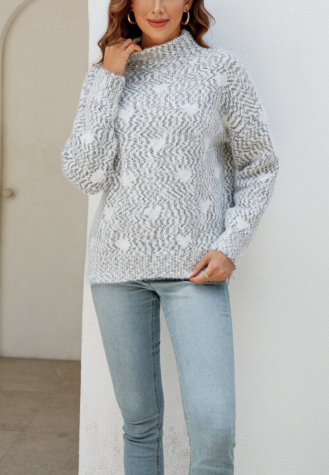 Heart Pattern Mock Neck Sweater