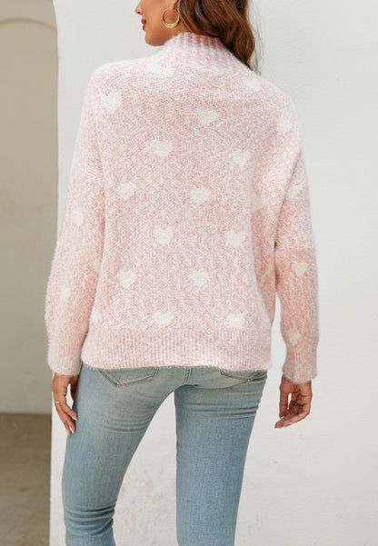 Heart Pattern Mock Neck Sweater