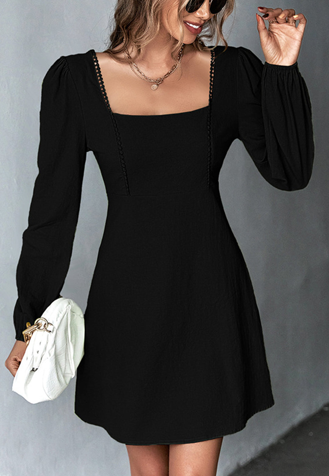 Crochet Trim Square Neck Dress