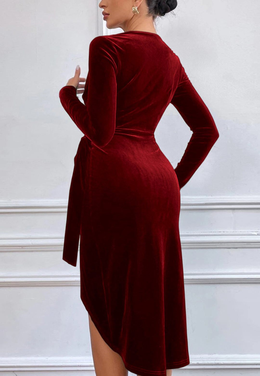 Velvet Long Sleeve Wrap Bodycon Dress for Women Above Knee Length   Anna-Kaci