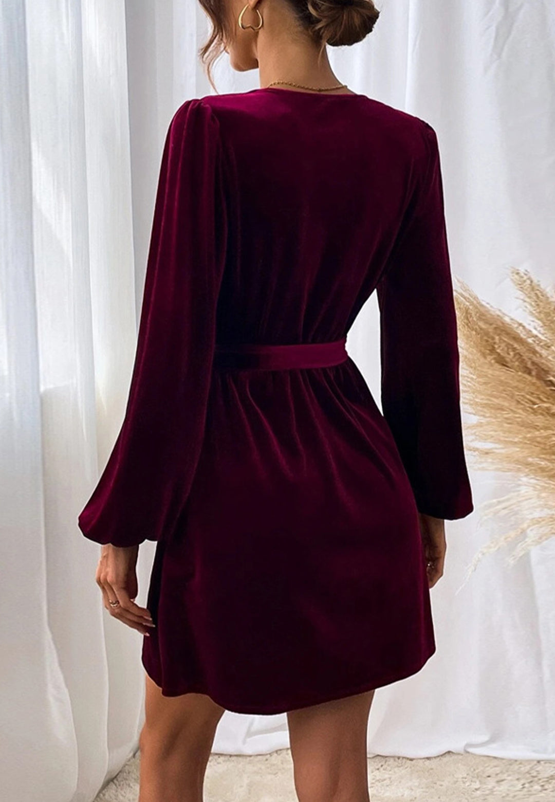 V Neck Button Detail Velvet Dress