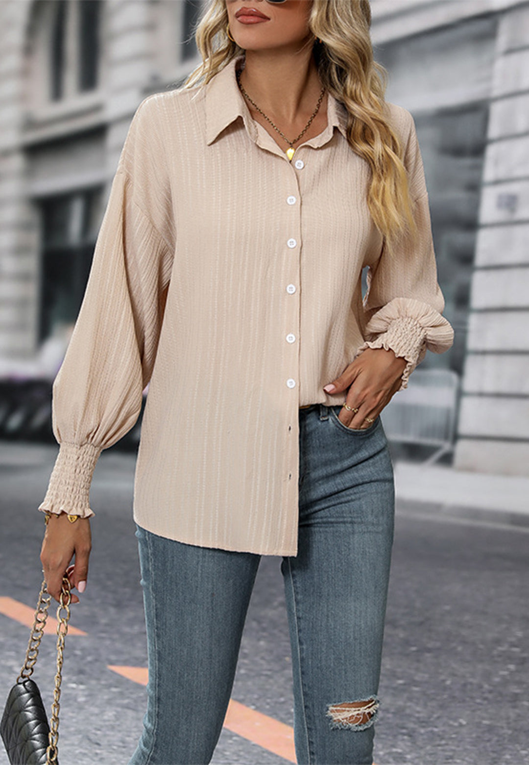 Striped Pattern Shirred Cuff Shirt