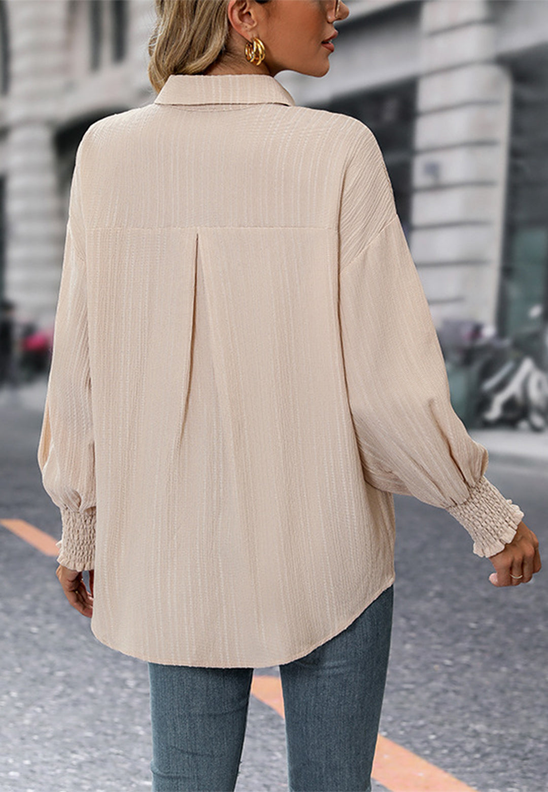 Striped Pattern Shirred Cuff Shirt