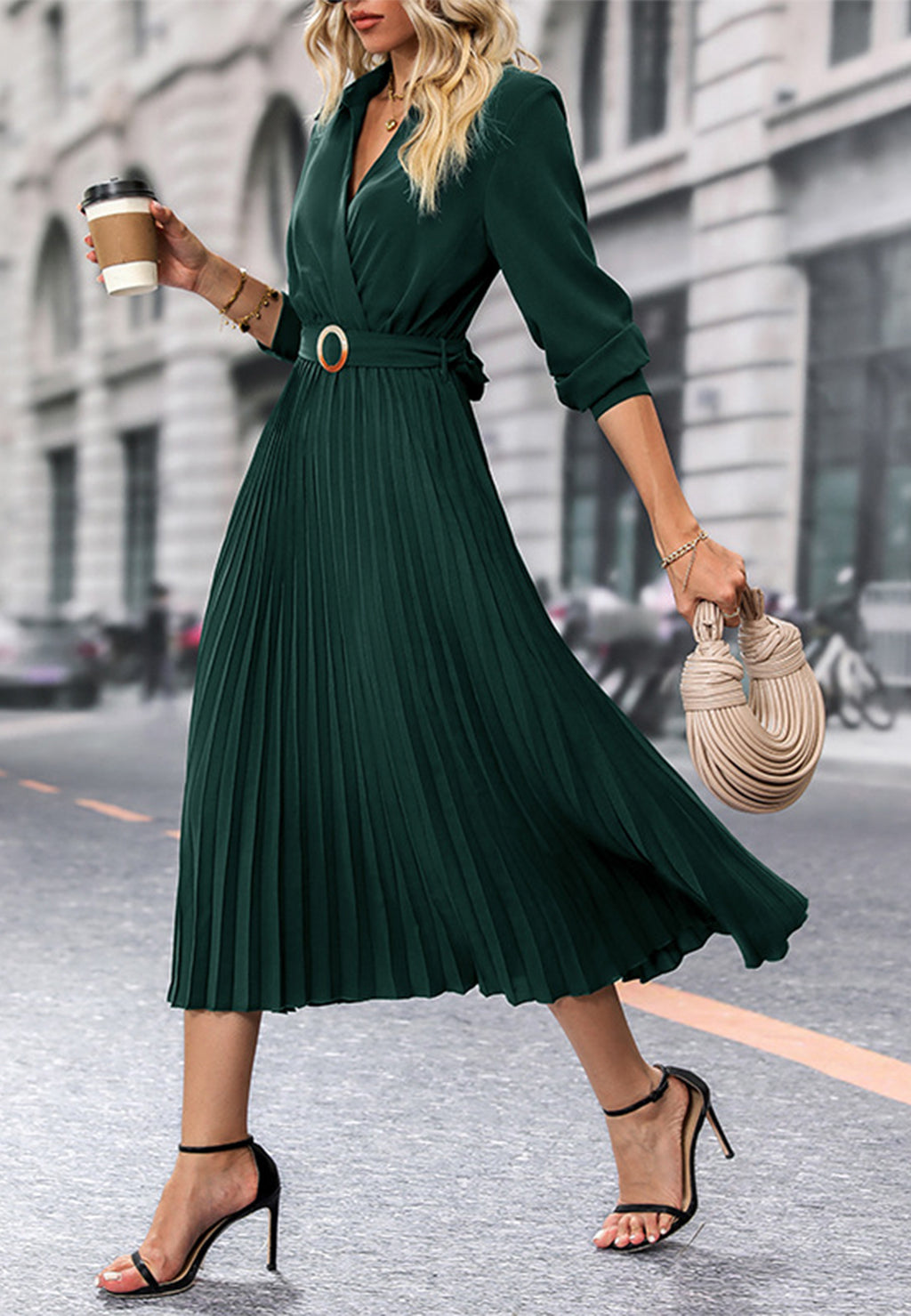 Surplice Neck Collared Pleated Dress