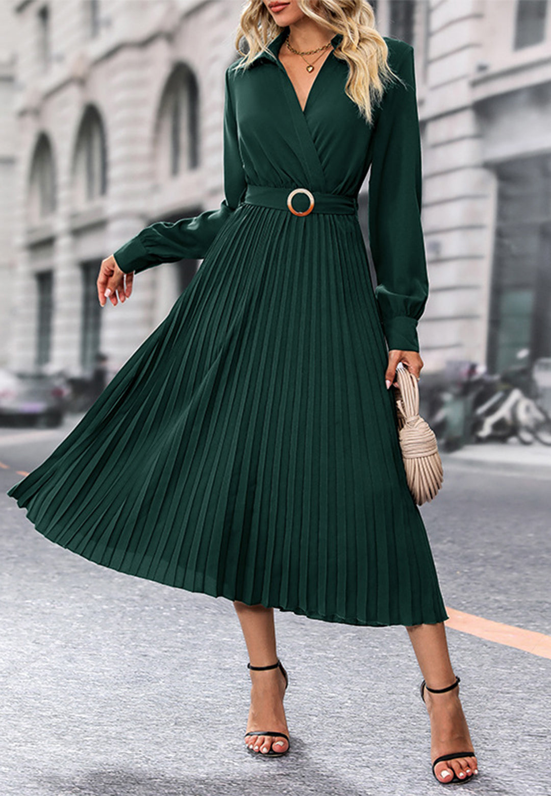 Surplice Neck Collared Pleated Dress
