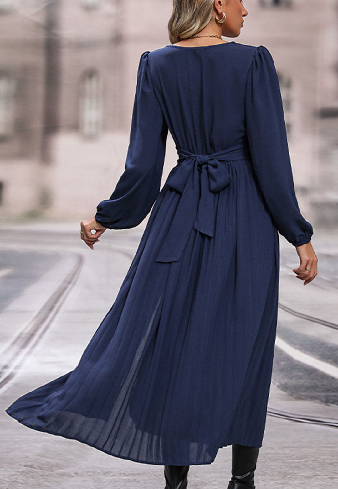 V Neck Twist Waist Tie Back Slit Dress for Women Mid-Calf Length, Medium 6-8 / Navy V Neck Twist Waist Tie Back Slit Dress for Women Mid-Calf Length, Medium 6-8 / Navy