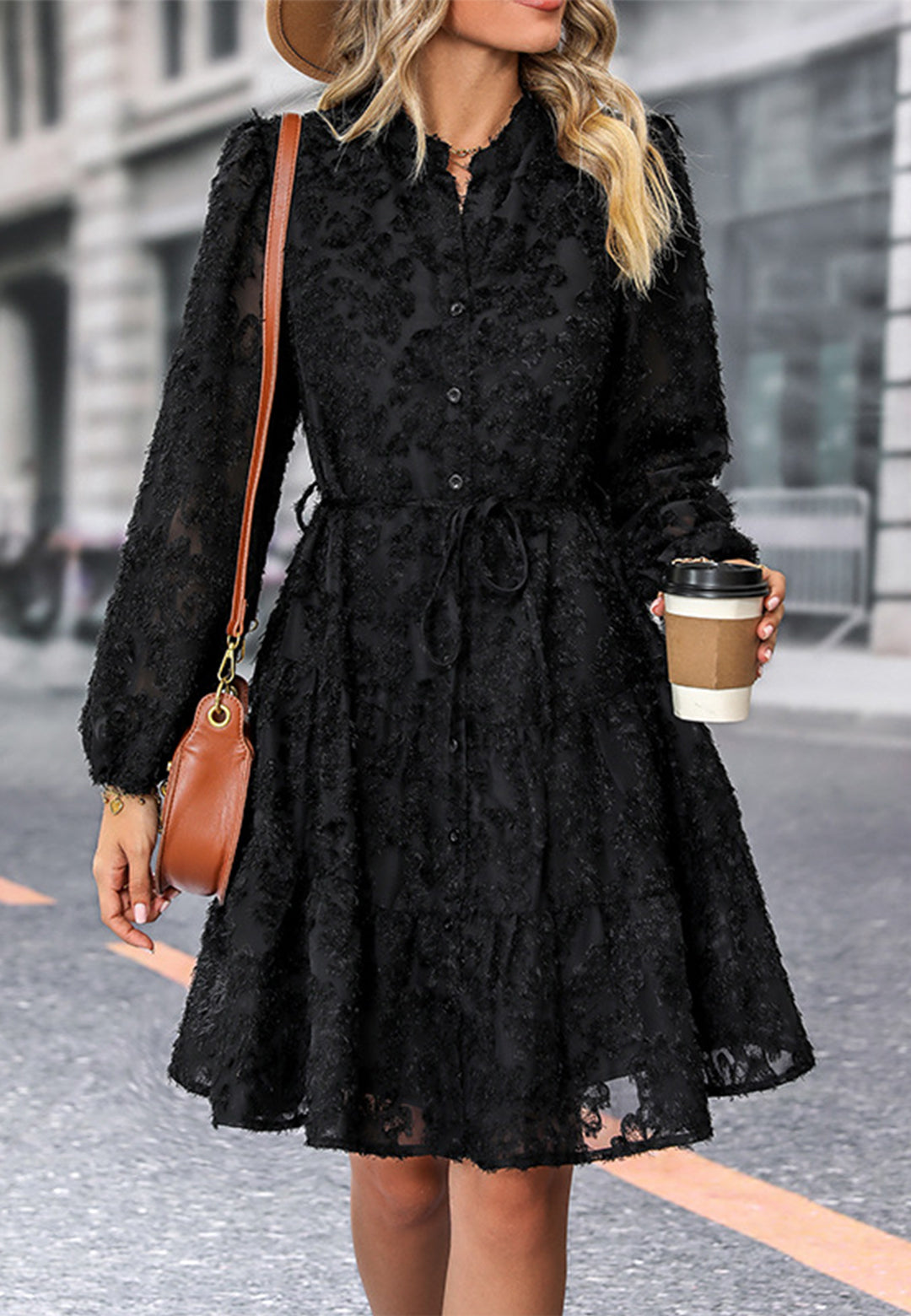 Button Front Tiered Lace Dress