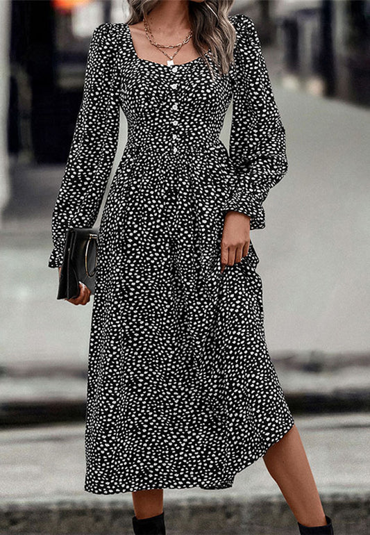 Square Neck Spotted Print Midi Dress