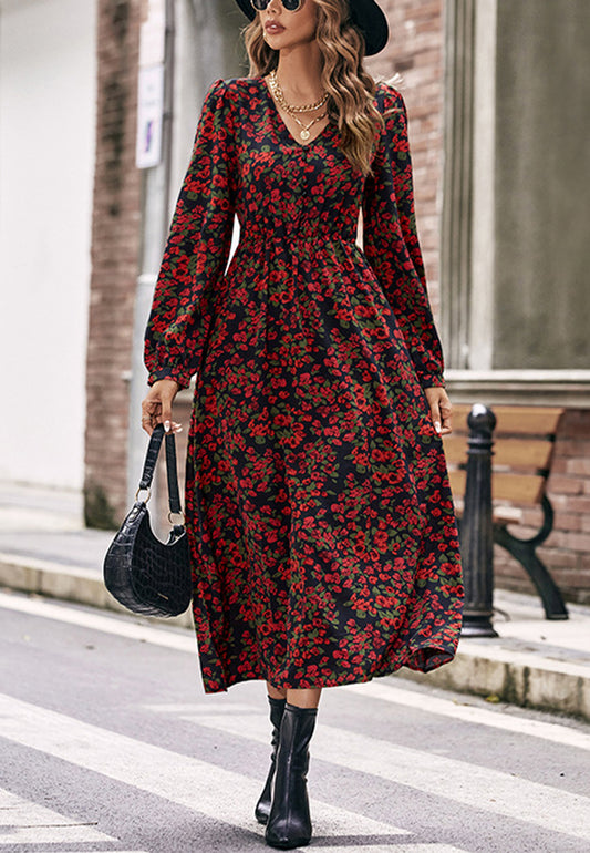 V-Neck Gathered Waist Puffed Sleeve Floral Dress