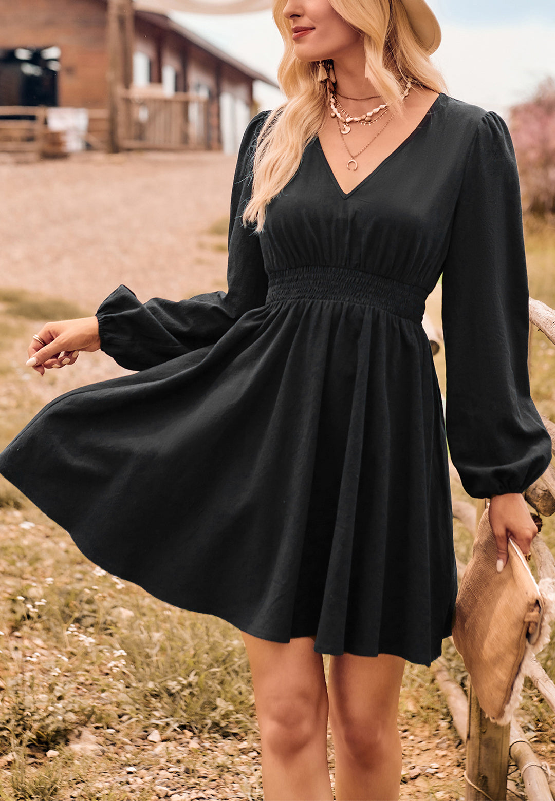 Solid Color Shirred Waist Dress