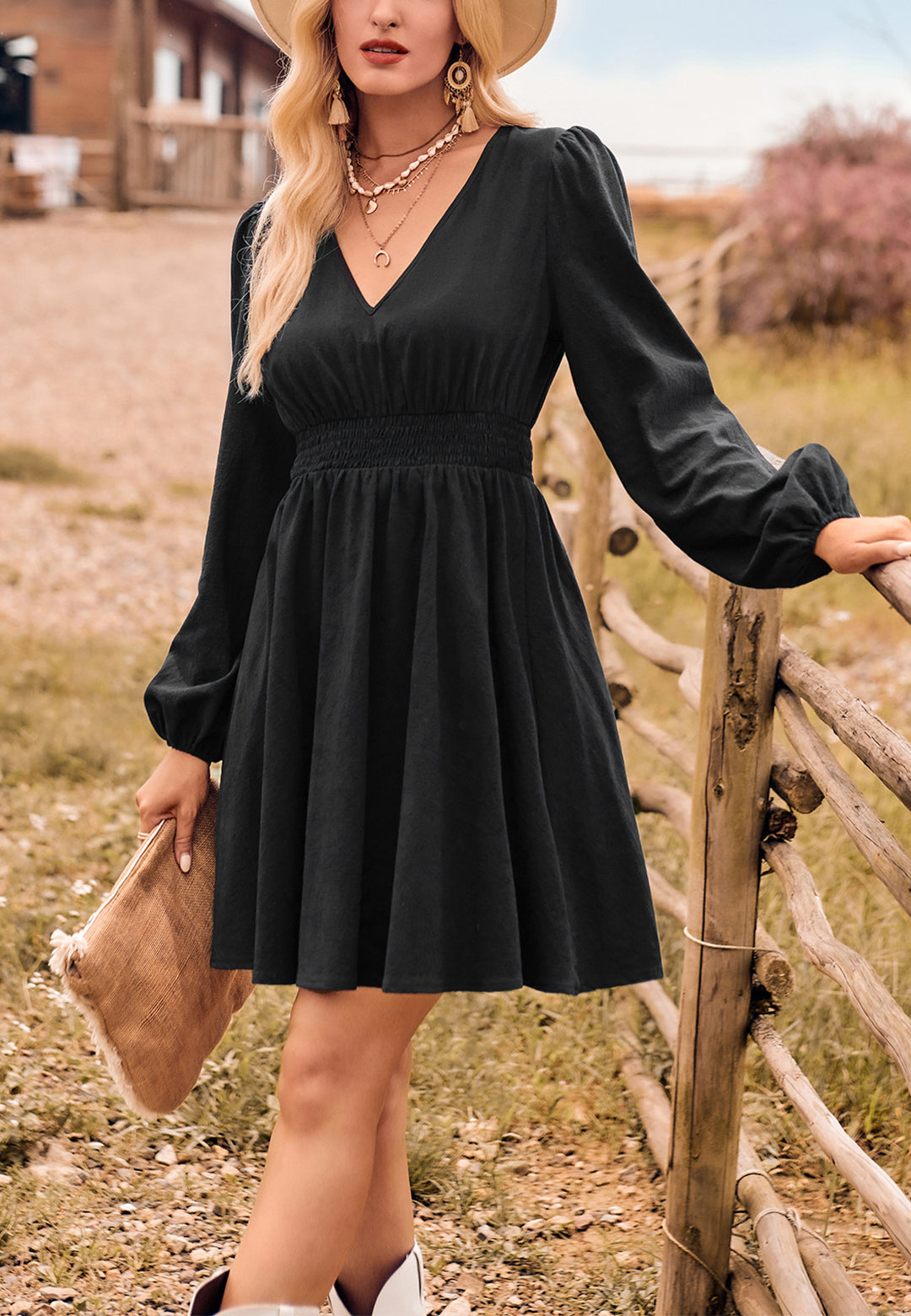 Vestido de cintura fruncida de color liso