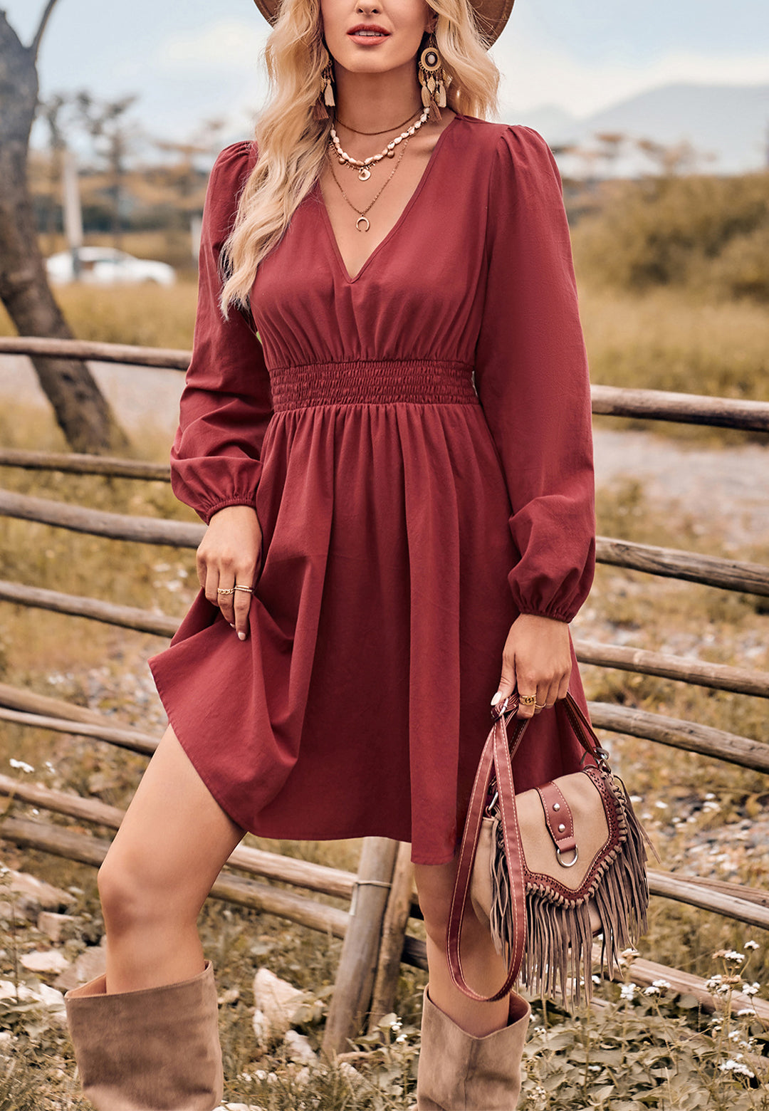 Solid Color Shirred Waist Dress