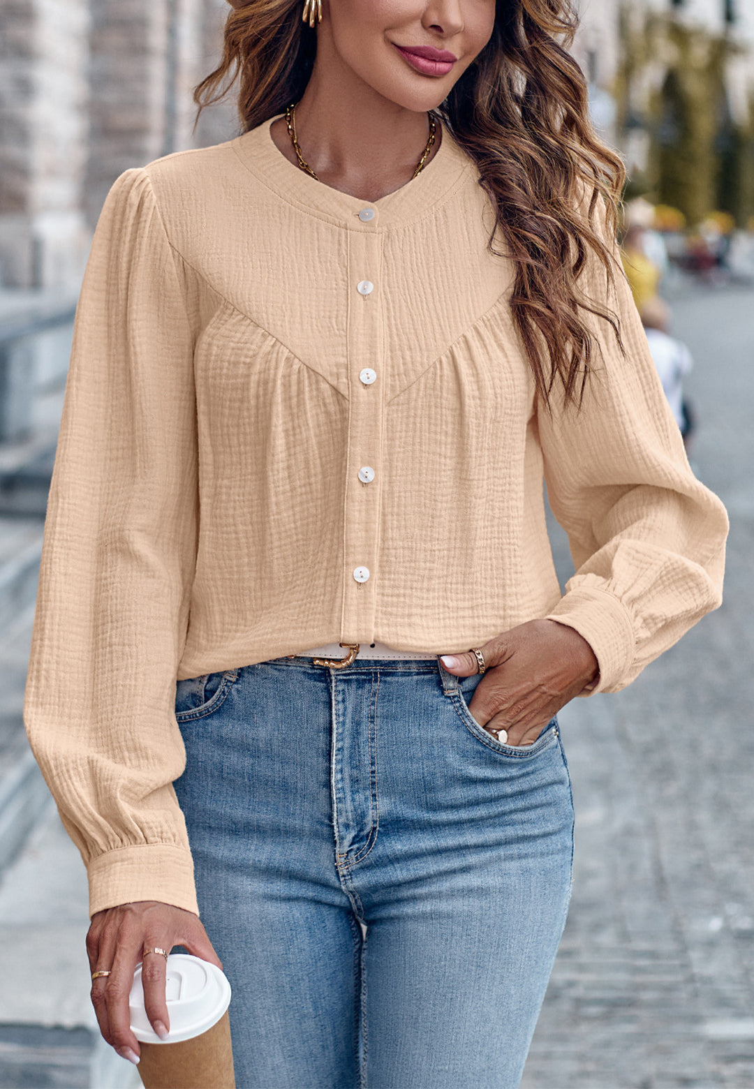 Round Neck Button Down Blouse