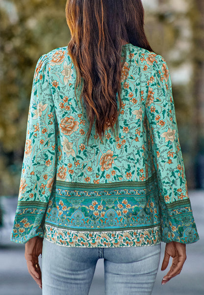 Multicolor Tie Neck Floral Bohemian Blouse