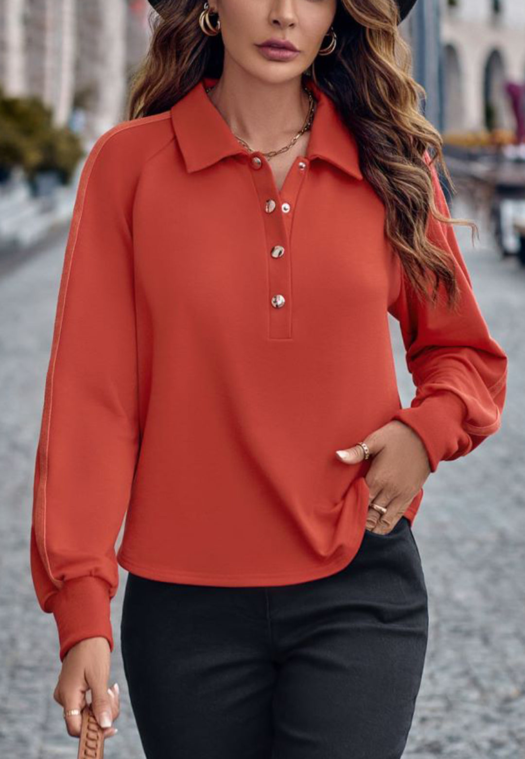 Striped Sleeve Henley Button Sweater