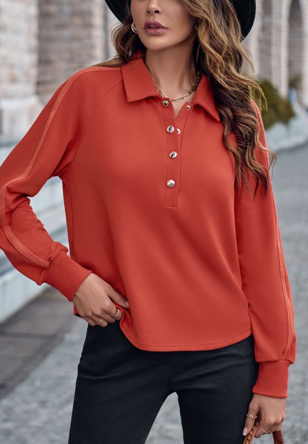 Striped Sleeve Henley Button Sweater